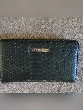 NWOT AMY MILLER Black Faux Croc Reptile -Embossed Zip Around Wallet